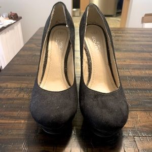 Faux suede round toe black wedges. 5 inch with platform.